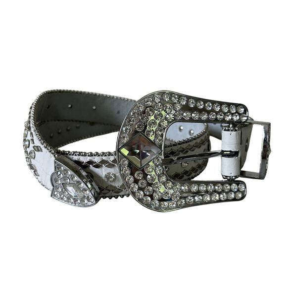 Western Accessories - Western Leather bling belt Rhinestone cowgirl rodeo queen sparkle white 36 L